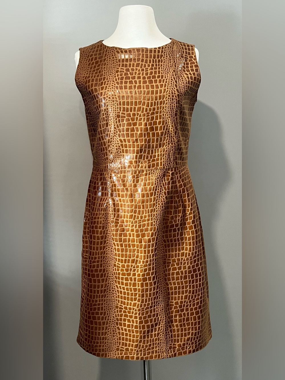 Vintage Brown Croc-Embossed Sleeveless Shift Dress